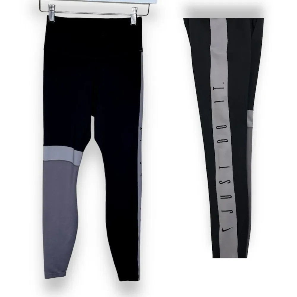 Nike Dri Fit Just Do It Spell Out Black Gray Colorblock Leggings Women Size XS